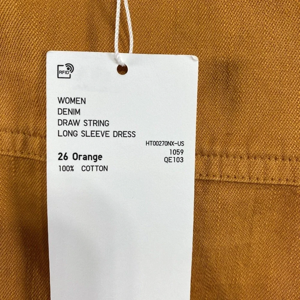 Uniqlo U Dress Womens Small Orange Denim Long Sleeve Drawstring Cotton Pockets